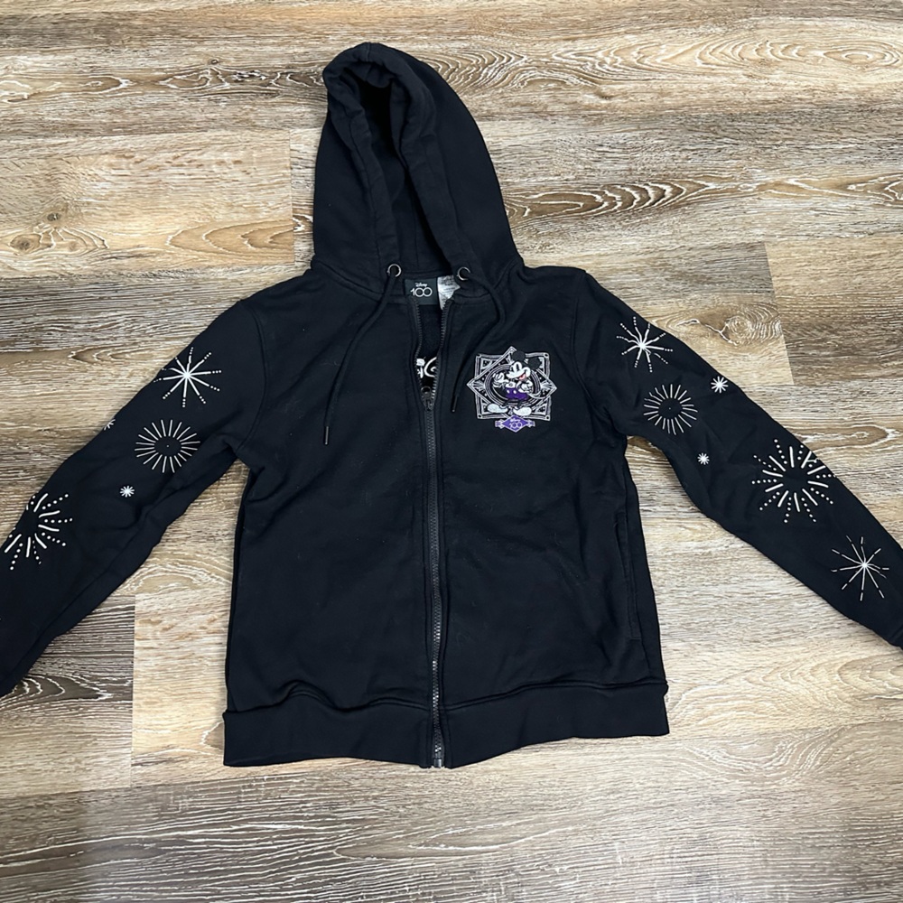 EUC Disney 100th Anniversary Women’s Black Zip Hoodie with Embroidered Logo Sz S
